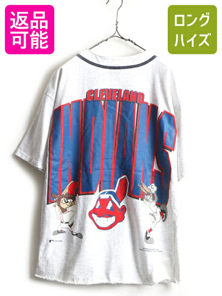 90s USA製 ■ MLB ワーナー オフィシャル インディアンス 半袖 ベースボール シャツ ( メンズ L ) 古着 タズマニアンデビル バックスバニー| 中古 90's 90年代 アメリカ製 オールド ルーニー テューンズ アメキャラ キャラクター アニメ コラボ ユニフォーム 半袖シャツ 灰