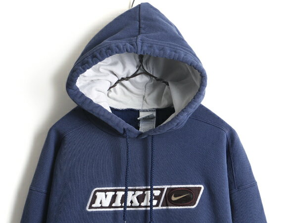 【スーパーSALE 最大半額&P6倍!!】 90s USA製 ■ NIKE 2トーン スウェット フード パーカー ( メンズ L ) 古着 90年代 ナイキ トレーナー サガラワッペン ビッグ ロゴ 刺繍 紺| 中古 90's オールド アメリカ製 フードパーカー ロゴパーカー スエット フーディー プルオーバ