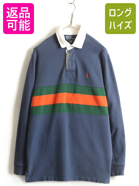 90s ■ POLO ポロ ラルフローレン スウェット 長袖 ラガー シャツ ( メンズ M ) 古着 90年代 長袖シャツ ラグビー トリコカラー ボーダー| レディース 中古 90's ラルフ RALPH LAUREN ラグビーシャツ ラガーシャツ スエット ワンポイント 胸ボーダー ネイビー グリーン オレ