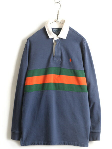 90s ■ POLO ポロ ラルフローレン スウェット 長袖 ラガー シャツ ( メンズ M ) 古着 90年代 長袖シャツ ラグビー トリコカラー ボーダー| レディース 中古 90's ラルフ RALPH LAUREN ラグビーシャツ ラガーシャツ スエット ワンポイント 胸ボーダー ネイビー グリーン オレ