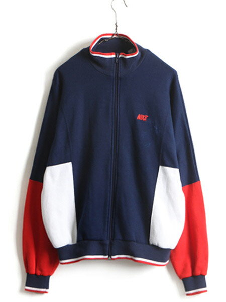 【8/25 6h限定 ポイント9倍!!】 90s 初期 銀タグ ■ NIKE トリコカラー フルジップ スウェット ジャージ じゃケット ( メンズ L ) 古着 ナイキ 90年代 トレーナー ブルゾン| 中古 90's オールド トラックジャケット スエット 裏起毛 ハイネック ワンポイント ロゴ 刺繍 ネイ