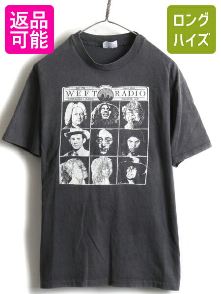 人気 黒 90s USA製 オールド ★ WEFT RADIO プリント 半袖 Tシャツ ( メンズ L ) 古着 90年代 半袖Tシャツ プリントT クルーネック 企業| 中古 90's アメリカ製 プリントTシャツ カットソー シングルステッチ 企業プリント 企業物 ブラック ジョンレノン 偉人 アメカジ