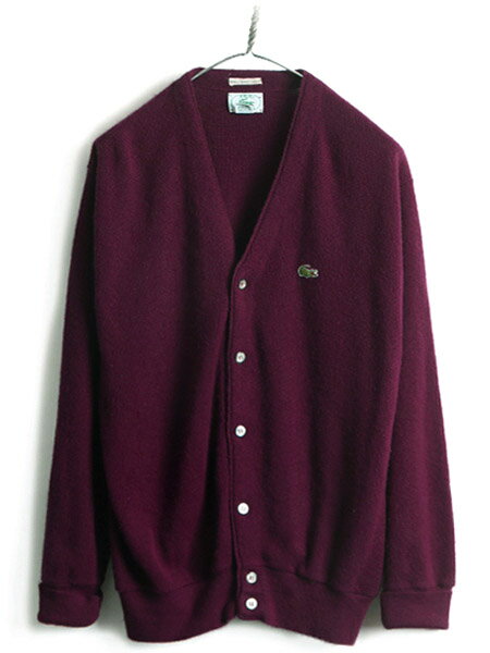 80s USA製 ビンテージ ■ アイゾッド ラコステ アクリル ニット カーディガン ( メンズ L ) 古着 IZOD LACOSTE セーター バーガンディー| 中古 80's 80年代 アメリカ製 ニットセーター 長袖ニット 長袖セーター ニットカーディガン アクリルニット ワニ ワンポイント