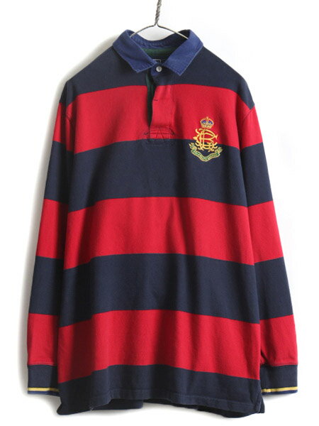 【スーパーSALE 最大半額&P6倍!!】 90s 大きいサイズ XL ■ POLO ポロ ラルフローレン ボーダー 長袖 ラガーシャツ ( メンズ )古着 90年代 ラグビー 長袖シャツ 2トーン 紺 赤| レディース 中古 古着 90's オールド RALPH LAUREN ラルフ ラガー ラグビーシャツ ポロシャツ