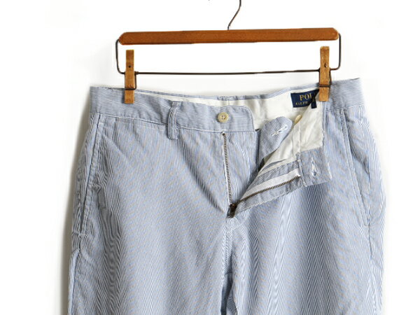 【8/1 24h限定10%OFFクーポン配布!】 ■ POLO ポロ ラルフローレン ストライプ コットン パンツ ( メンズ 30 32 ) 古着 青 白 スラックス ノータック テーパード 2トーン 白 青| 中古 ラルフ RALPH LAUREN コットンパンツ テーパードパンツ ボトムス トラウザー タック無し