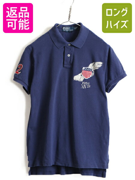  ■ POLO ポロ ラルフローレン 鹿の子 半袖 ポロシャツ ( メンズ M ) 古着 半袖シャツ ウイングフット プリント 星条旗 ワッペン ネイビー| レディース 中古 ラルフ RALPH LAUREN 半袖ポロシャツ ナンバリング 紺 コットン カノコ CUSTO