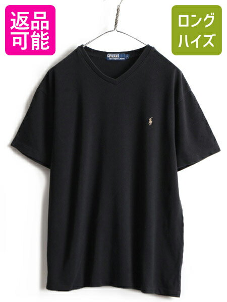 90s 人気 黒 ■ POLO ポロ ラルフローレン Vネック 鹿の子 半袖 Tシャツ ( メンズ L ) 古着 90年代 オールド ワンポイント ポニー刺? 無地| 中古 90's RALPH LAUREN ラルフ ビッグシルエット 半袖Tシャツ 無地Tシャツ カノコ コットン シングルステッチ ブラック アメカジ