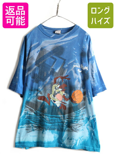 楽天古着ヴィンテージショップLong his90s ★ SPACE JAM タイダイ タズマニアンデビル プリント 半袖 Tシャツ （ メンズ XL ） 古着 ルーニー テューンズ 映画 ムービー キャラ 青| 中古 90's 90年代 オールド アメリカ製 スペースジャム バスケ ワーナー オフィシャル 当時物 半袖Tシャツ プリントT キャラクター