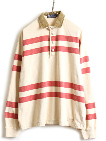 90s ■ POLO ポロ ラルフローレン ボーダー 長袖 ラガーシャツ ( メンズ M ) 古着 90年代 ラグビー 長袖シャツ 2トーン ナチュラル レッド| 中古 90's オールド RALPH LAUREN ラルフ ラガー ラグビーシャツ ポロシャツ 長袖ポロシャツ 生成り 赤 ワンポイント ロゴ刺繍