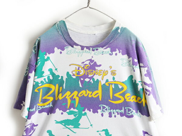 90s オールド ■ ディズニー ブリザード ビーチ 大判 プリント 半袖 Tシャツ ( メンズ レディース XL 程) 古着 90年代 Blizzard Beach 総柄| 中古 90's オールオーバー オーバープリント ディズニーワールド Disney プリントTシャツ ビッグシルエット 大判プリント アメカジ