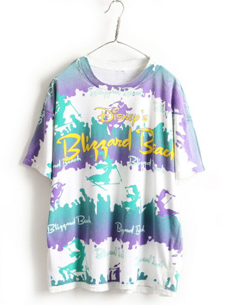 90s オールド ■ ディズニー ブリザード ビーチ 大判 プリント 半袖 Tシャツ ( メンズ レディース XL 程) 古着 90年代 Blizzard Beach 総柄| 中古 90's オールオーバー オーバープリント ディズニーワールド Disney プリントTシャツ ビッグシルエット 大判プリント アメカジ