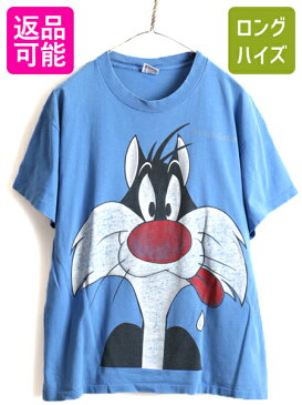 【8/30 6h限定 ポイント9倍!!】 90s USA製 ■ ワーナー シルベスター キャット プリント 半袖 Tシャツ ( メンズ レディース L ) 古着 ルーニー テューンズ キャラクター 青| 中古 90年代 90's アメリカ製 オールド アニメ アメキャラ 半袖Tシャツ キャラ プリントT プリント