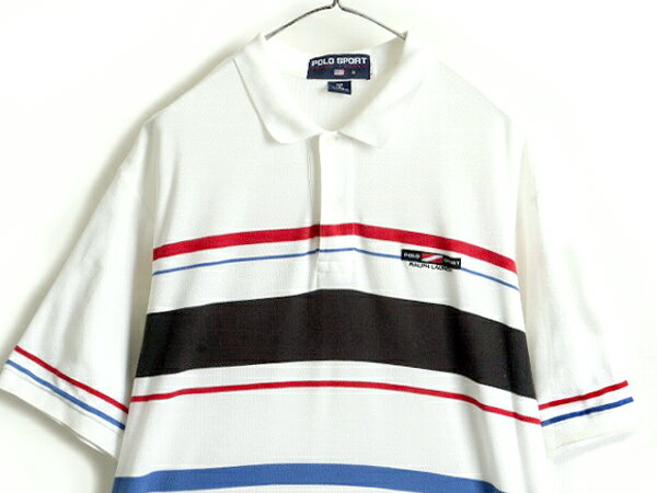 90s オールド ■ POLO SPORT ラルフローレン 鹿の子 ボーダー 半袖 ポロシャツ ( メンズ XL 程) 90年代 ポロ ポロスポーツ 半袖シャツ 白| 中古 90's ラルフ ポロスポ RALPH LAUREN 大きいサイズ 半袖ポロシャツ ボーダーシャツ トリコロール ホワイト マルチボーダー