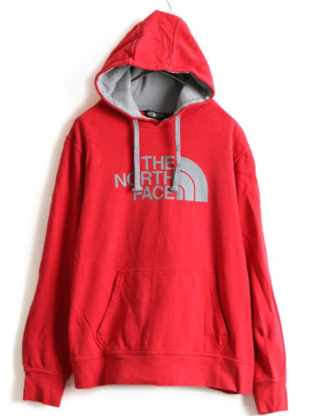 【スーパーSALE 最大半額&P6倍!!】 ■ ノースフェイス プリント スウェット フード パーカー メンズ L / 古着 The North Face トレーナー プルオーバー 裏起毛 赤 灰 2トーン| 中古 ノース アウトドア スエット フードパーカー ロゴパーカー プリントパーカー ビックロゴ フ