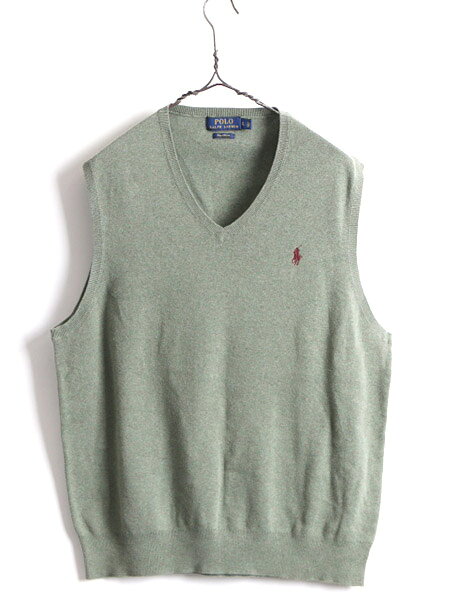 高級 100% ピマコットン ■ POLO ポロ ラルフローレン Vネック コットン ニット ベスト メンズ L / 古着 ワンポイント ポニー刺繡 緑 薄手| 中古 ラルフ RALPH LAUREN 重ね着 ニットベスト コットンベスト コットンニット ノースリーブ 無地 カーキ オリーブ グリーン