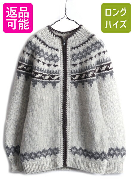70s 80s ビンテージ アイスランド製 ■ Hilda Ltd ノルディック フルジップ ウール ニット ジャケット メンズ M / ラウンドヨーク セーター| 古着 中古 70's 80's 70年代 80年代 ニットセーター 長袖セーター 長袖ニット カーディガン レディース L 程 ノルディック 総柄のサムネイル