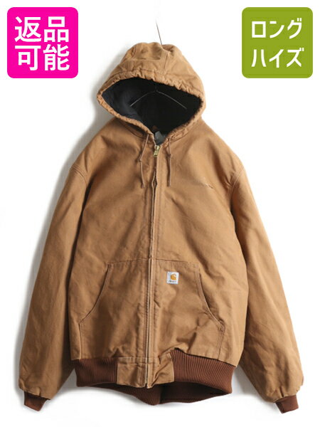 US企画 大きいサイズ XL ■ カーハート アクティブ ジャケット ( メンズ ) 古着 CARHARTT ダック 中綿 キルティング フルジップ パーカー| 中古 日本未発売 ジャンパー ブルゾン ワーク ワークジャケット ダックジャケット フード フードパーカー ライナー付き ブラウン 茶