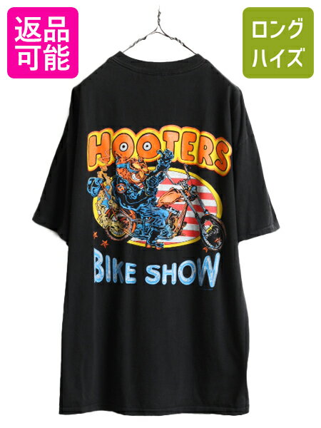 【5/25 24h限定 P8倍&400円OFF!!】 90s 大きいサイズ XXL ■ HOOTERS 両面 プリント 半袖 Tシャツ ( メンズ 2XL ) 90年代 黒 企業 イラスト キャラクター フーターズ ハーレー| 古着 中古 90's 当時物 企業物 ブラック シングルステッチ ヘビーウェイト ONEITA プリントTシ