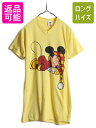  80s USA製 ■ ディズニー オフィシャル ミッキー プリント 半袖 Tシャツ ワンピ レディース S 80年代 ビンテージ キャラクター Vネック 黄| 古着 中古 80's アメリカ製 ミッキーマウス DISNEY イラスト グラフィック スリーピング ウェ