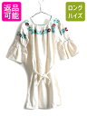 ☆メキシカン ハンド刺繍 5分袖 リネン チュニック ワンピース レディース M 程 古着 民族調 ボヘミアン ひざ上丈 フォークロア ナチュラル| 中古 花柄...
