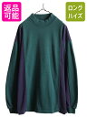 90s USA製 ■ ランズエンド モックネック ストライプ 長袖 Tシャツ メンズ L 90年代 オールド LANDS END ロンT ハイネック ヘビーウェイト| 古着 中古 90's アメリカ製 米国製 LANDS'END ヘビーオンス 長袖Tシャツ ロングTシャツ 2トーン ネイビー グリーン アメカジ USED