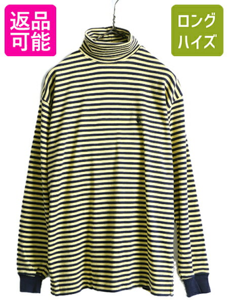 【11/20 BF4h限定777円OFF×P5倍】 90s ノーティカ ボーダー タートルネック コットン 長袖 Tシャツ メンズ S 古着 90年代 オールド NAUTICA ロンT スムース 2トーン 紺 黄色| 中古 90's アメリカ製 ロングスリーブ ストレッチ スムース ハイネック ワンポイント ロゴ刺繍