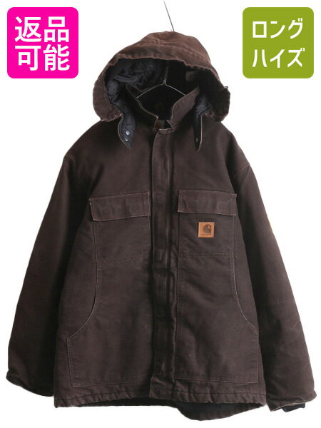 カーハート トラディショナル コート メンズ XL 古着 CARHARTT ダック ジャケット 中綿 キルティング ライナー 脱着 フード US企画 廃盤 茶| 中古 日本未発売 ワークジャケット ダックジャケット ブルゾン フード付き カバーオール 星条旗 フルジップ ジップアップ ブラウン