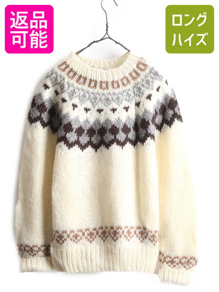 80s ノルディック アクリル ニット セーター メンズ M レディース L / 古着 80年代 ヴィンテージ 丸ヨーク 総柄 モックネック ナチュラル| 中古...