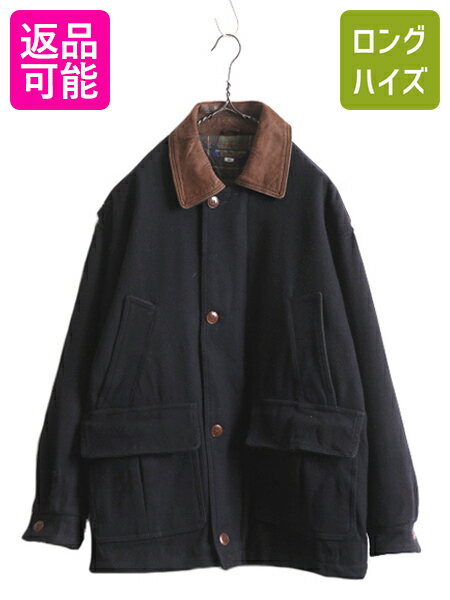 80s USA製 ★ ブルックスブラザーズ 中綿 メルトン ウール ジャケット メンズ M / 80年代 ヴィンテージ BROOKS BROTHERS ハーフ コート 紺| 古着 中古 80's ビンテージ アメリカ製 旧タグ 襟 本革 レザー ジャンパー ブルゾン キルティング ライナー付き 無地　ネイビーのサムネイル