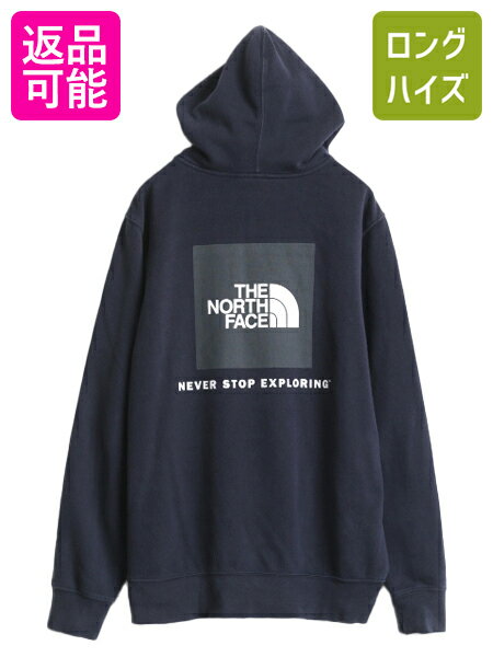 ノースフェイス 両面 プリント スウェット フード パーカー メンズ L 古着 The North Face プルオーバー 裏起毛 トレーナー アウトドア 紺| 中古 ノース スエット ロゴ スウェットパーカー プリントパーカー フードパーカー バックプリント ボックスロゴ フーディ ネイビー