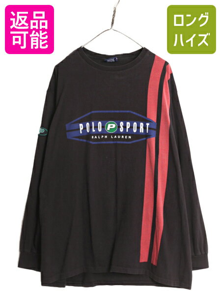  90s USA製 ポロスポーツ ラルフローレン プリント 長袖 Tシャツ メンズ XL オールド ポロ ロンT 大きいサイズ 黒 Pロゴ ワッペン ブラック| 古着 中古 90's 90年代 ポロスポ POLO RALPH LAUREN 紺 ロゴTシャツ プリントTシャツ 長袖Tシャ