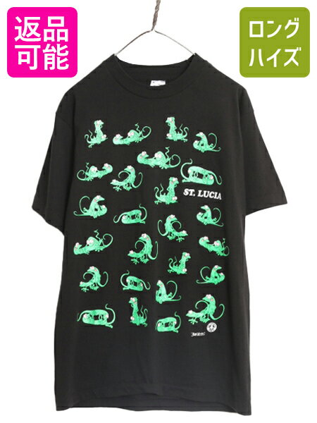 【5/12 マラソン 最大半額SALE&P5倍】 90s USA製 ★ カメレオン 四十八手 イラスト プリント Tシャツ メンズ M / 古着 90年代 当時物 エロ SEX キャラクター シングルステッチ 黒| ブラック アート 中古 90's オールド アメリカ製 セックス 48手 トカゲ キャラ 半袖Tシャツ