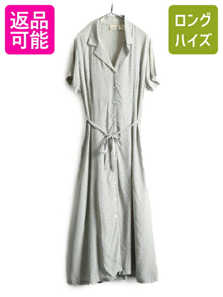 90s エルエルビーン 100% レーヨン 半袖 シャツ ワンピース レディース M 程/ オールド LLBean 総柄 ロング丈 ワンピ ベルト付き マキシ丈...