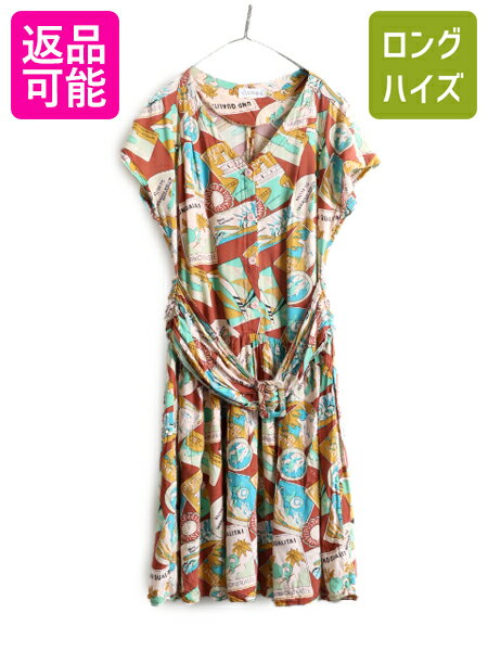 80s 総柄 ノースリーブ 総柄 レーヨン ワンピース レディース L 古着 ヴィンテージ Vネック ワンピ ミディ丈 ミモレ丈 ノースリーブ フレア| 中古 ...