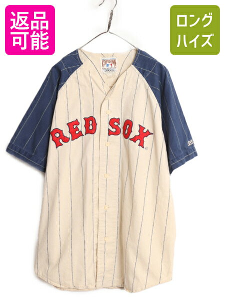 MLB オフィシャル MIRAGE レッドソックス ベースボール シャツ メンズ XL 程/ 古着 ユニフォーム ゲームシャツ メジャーリーグ ストライプ| 中古 ミラージュ 大きいサイズ ユニホーム ベースボールシャツ 大リーグ 半袖シャツ 野球 ゲームジャージ 重ね着 Boston Red Sox