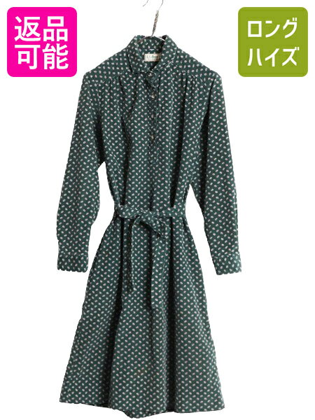 80s エルエルビーン 総柄 細畝 コーデュロイ 長袖 ワンピース レディース M 程/ ヴィンテージ LLBEAN ロング ワンピ ミディ丈 ベルト付き| 古...