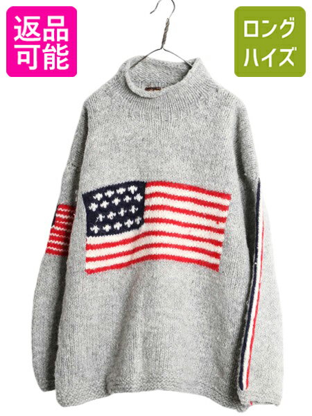 手編み エクアドル製 ISHKA ロールネック 4面 星条旗 ウール ハンドニット セーター メンズ レディース XL 古着 ハンドメイド ローゲージ| 中古 ...