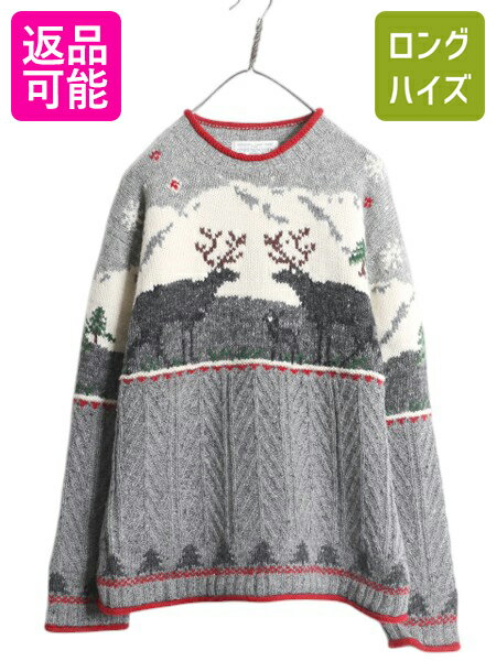 手編み 90s JONES NEW YORK ノルディック 総柄 ハンド ニット セーター レディース L オールド ロールネック 絵柄 ハンドメイド カットソ...