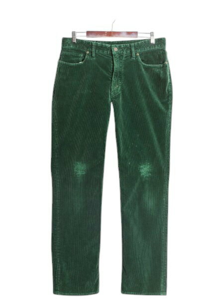 ポロ ラルフローレン 太畝 コーデュロイ パンツ メンズ 34 32 / ストレート ノータック スラックス 革パッチ 5ポケット コーズ ストレッチ| 古着 中古 ラルフ POLO RALPH LAUREN コーデュロイパンツ ジッパーフライ 本革レザー ワンポイント ボトムス トラウザー グリーン