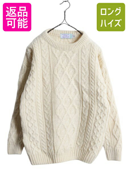 90s スコットランド製 フィッシャーマン ウール ニット セーター メンズ レディース S / オールド アラン ケーブル ローゲージ ナチュラル| 古着 中...