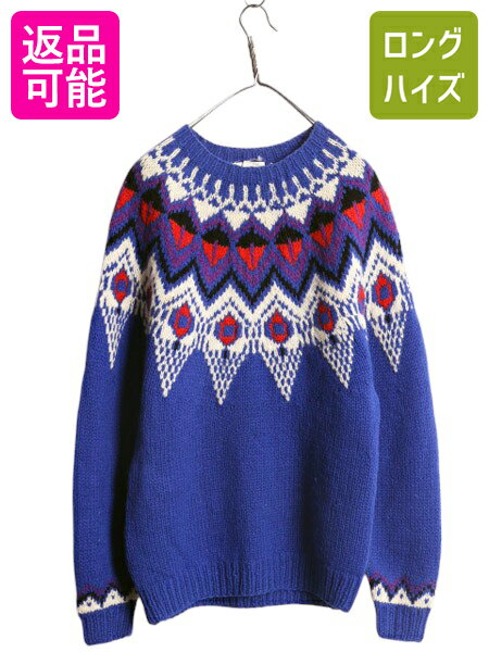 90s LORD&TAYLOR ノルディック ニット セーター メンズ M レディース L / 古着 オールド シェットランド ウール 求心柄 丸ヨーク 厚手 ...