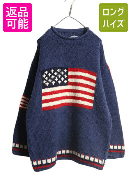 手編み エクアドル製 ロールネック 4面 星条旗 ウール ハンドニット セーター メンズ レディース L 程 ハンドメイド ハイネック カットソー| 古着 中古...