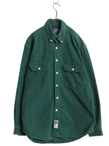 90s OLD GAP コットン シャモア クロス ボタンダウン シャツ メンズ M / 旧タグ オールド ギャップ 長袖シャツ ネルシャツ フランネル 無地| 古着 中古 90's 90年代 紺タグ オールドギャップ フランネルシャツ ネル コットンシャツ ボタンダウンシャツ ポケット付き グリーン