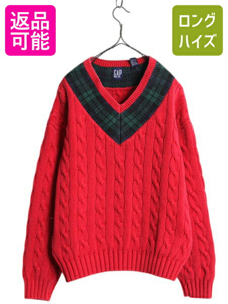 90s OLD GAP チルデン ケーブル ニット セーター メンズ レディース М / 古着 オールド ギャップ 紺タグ Vネック ヘビーウェイト コットン|...
