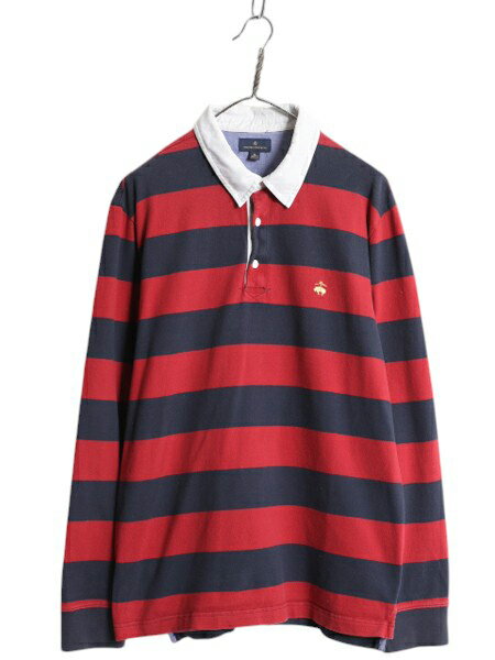 【11/10 10名様10%OFF×最大半額SALE】 ブルックスブラザーズ ボーダー ラガーシャツ メンズ XL / 古着 ラグビー コットン 長袖シャツ ワンポイント ツートン 赤 紺 大きいサイズ| 中古 Brooks Brothers ラグビーシャツ ラガー ポロシャツ ヘビーウェイト コットンシャツ ワ