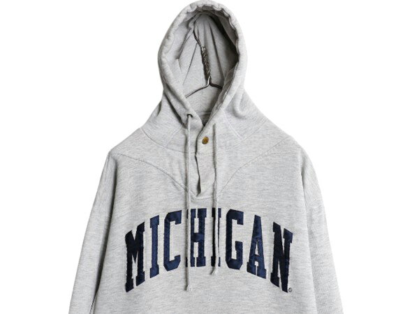 【11/8 最大半額SALE×ポイント5倍!!】 90s USA製 ラッセル カレッジ ロゴ パッチ 刺繍 スウェット フード パーカー メンズ M オールド トレーナー プルオーバー ポケット付き 灰| 古着 中古 90年代 90's アメリカ製 RUSSELL 裏起毛 ヘビーウェイト ワッペン スウェットパー