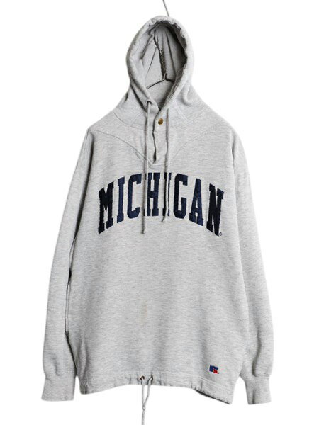 【11/8 最大半額SALE×ポイント5倍!!】 90s USA製 ラッセル カレッジ ロゴ パッチ 刺繍 スウェット フード パーカー メンズ M オールド トレーナー プルオーバー ポケット付き 灰| 古着 中古 90年代 90's アメリカ製 RUSSELL 裏起毛 ヘビーウェイト ワッペン スウェットパー