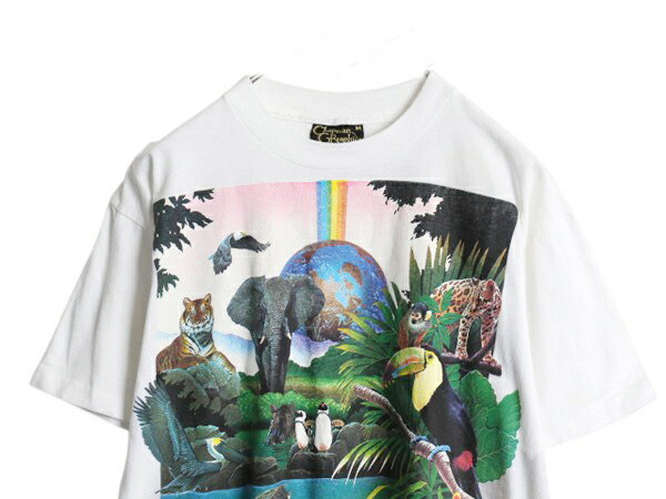 【マラソン限定400円OFFクーポン&P5倍!】 90s USA製 アニマル アート イラスト 両面 プリント 半袖 Tシャツ メンズ M / オールド シングルステッチ ヘビーウェイト グラフィック 白| 古着 中古 90's 90年代 アメリカ製 動物 半袖Tシャツ プリントTシャツ アートTシャツ キャ
