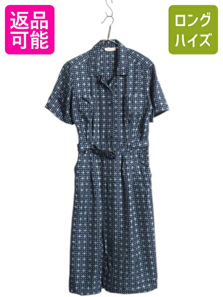 70s 80s ブルックスブラザーズ 総柄 オープンカラー 半袖 シャツ ワンピース レディース M 程 ヴィンテージ 100% シルク ロング丈 きれいめ| ...