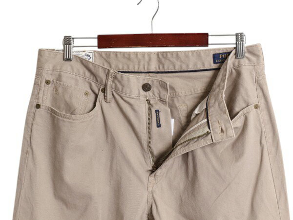 ポロ ラルフローレン チノ パンツ 34 32 ノータック スラックス チノパン コットン ストレッチ スリム ストレート 革パッチ ベージュ 細身| 古着 中古 POLO RALPH LAUREN タックなし チノパンツ コットンパンツ ボトムス トラウザー 本革 レザーパッチ 5ポケット タロン